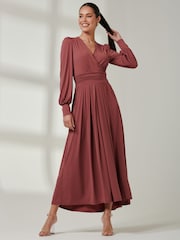 Jolie Moi Red Long  Sleeve Soft Silky Jersey Maxi Dress - Image 4 of 6