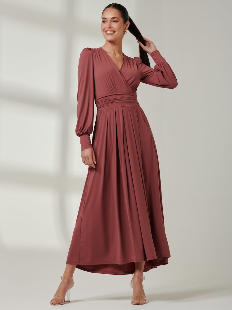 Jolie Moi Red Long  Sleeve Soft Silky Jersey Maxi Dress - Image 4 of 6