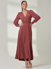 Jolie Moi Red Long  Sleeve Soft Silky Jersey Maxi Dress - Image 5 of 6