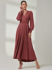Jolie Moi Red Long  Sleeve Soft Silky Jersey Maxi Dress - Image 6 of 6