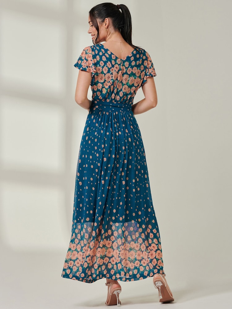 Jolie Moi Blue Ombre Floral Print Mesh Maxi Dress - Image 2 of 7