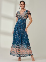 Jolie Moi Blue Ombre Floral Print Mesh Maxi Dress - Image 3 of 7