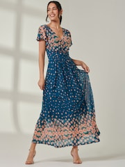 Jolie Moi Blue Ombre Floral Print Mesh Maxi Dress - Image 4 of 7
