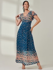 Jolie Moi Blue Ombre Floral Print Mesh Maxi Dress - Image 5 of 7