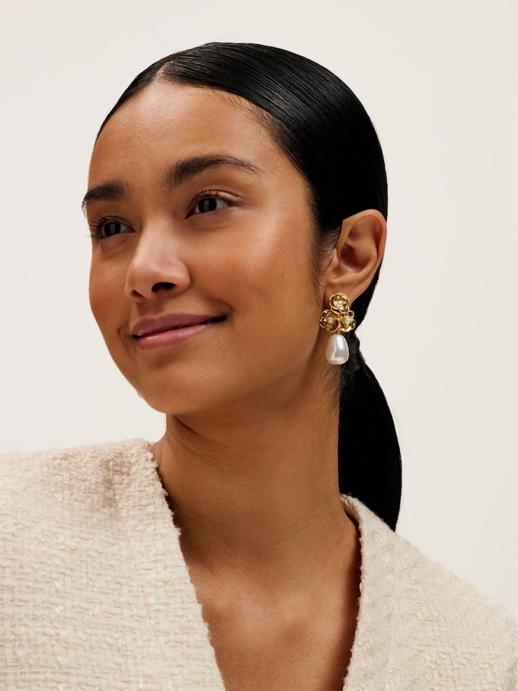 Ted Baker Gold Tone Florelle Pearl Flower Drop Earrings - Image 3 of 6