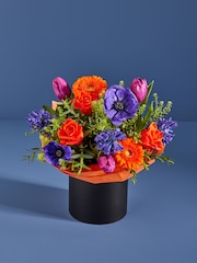 Blue/Orange Tulip and Hyacinth Fresh Flower Bouquet in Hatbox - Image 1 of 4