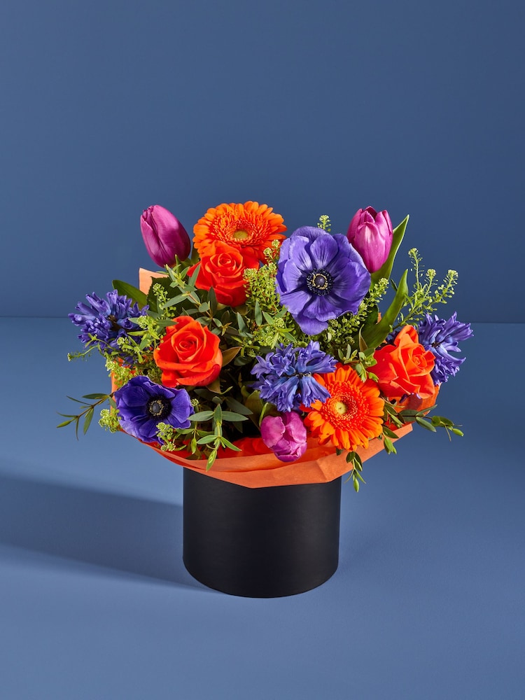 Blue/Orange Tulip and Hyacinth Fresh Flower Bouquet in Hatbox - Image 1 of 4