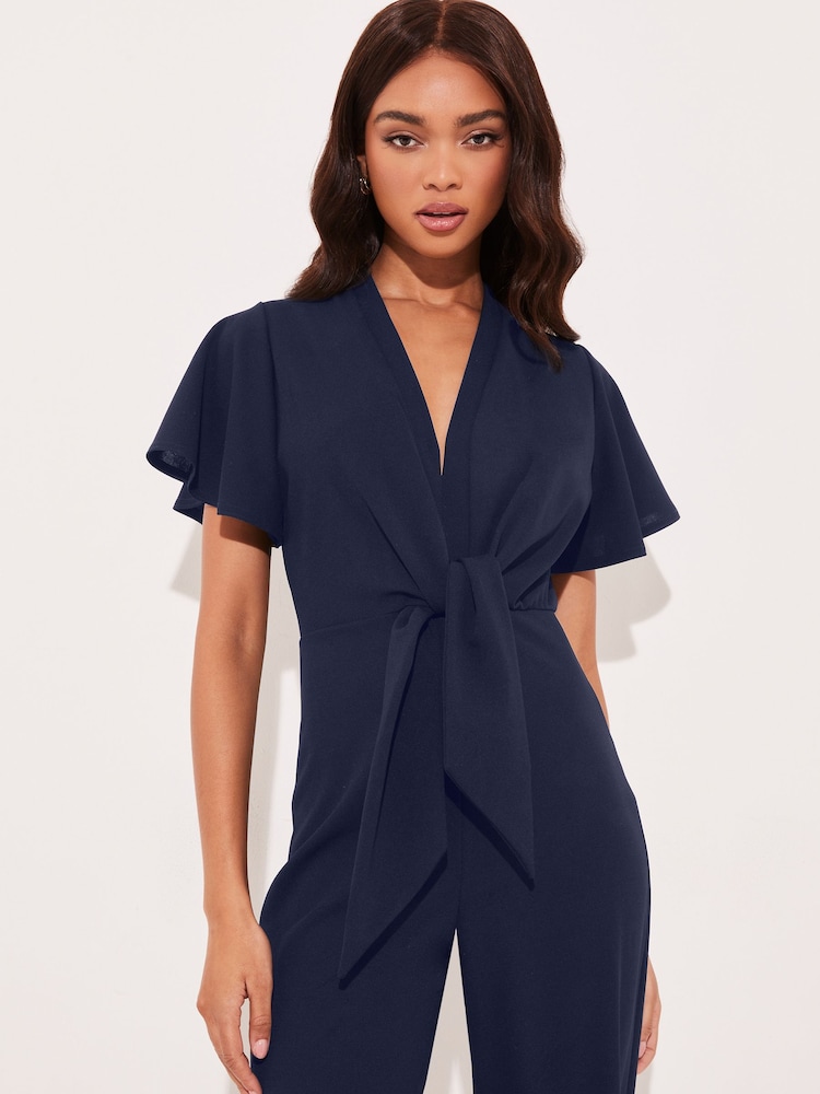 Lipsy Navy Blue Flutter Sleeve V Neck Tie Front Wide Leg Jumpsuit - Image 4 of 4