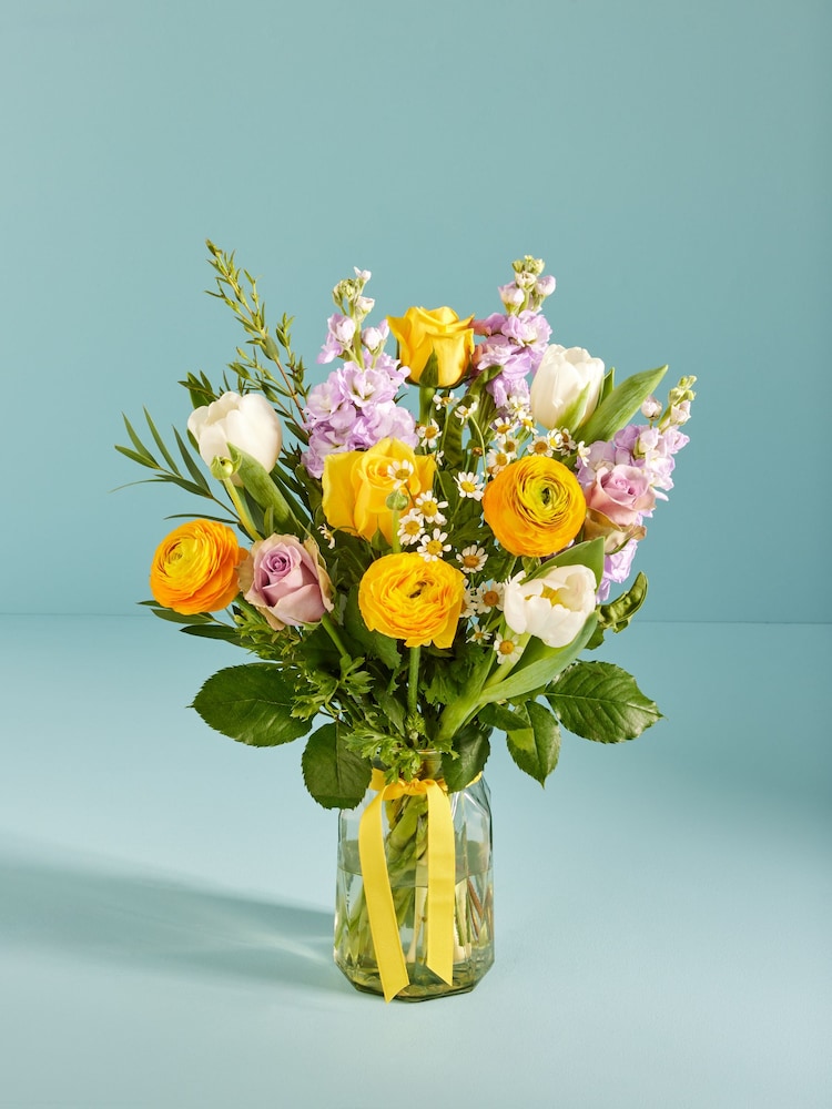 Lilac and Yellow Rose and Tulip Fresh Flower Bouquet With Vase - Image 1 of 5