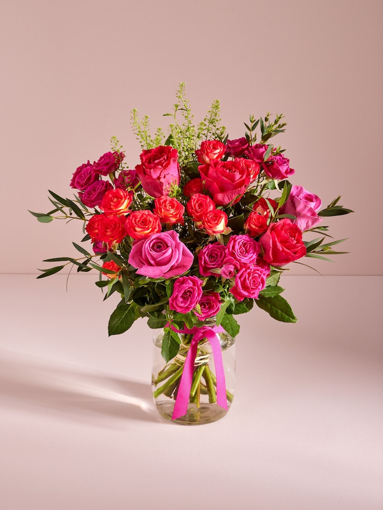 Pink/Purple Roses Fresh Flower Bouquet With Vase - Image 1 of 3