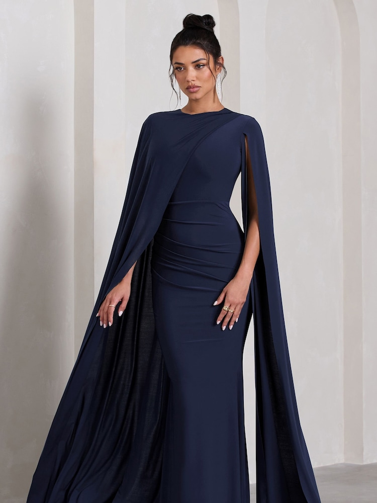 Granatowy - Club L London Magdelena Asymmetric Cape Maxi Dress - Image 3 of 5