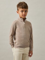 Reiss Wheat Melange Blackhall 3-9 yrs Merino Wool Half-Zip Funnel Neck Jumper - Image 1 of 4