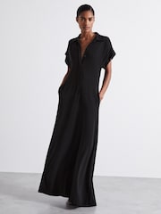 Reiss Black Alexandra Atelier Polo Collar Jersey Maxi Dress - Image 1 of 6