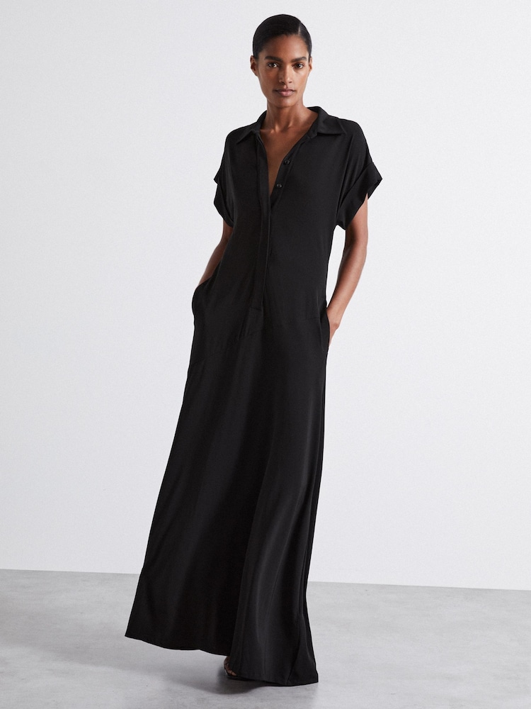 Reiss Black Alexandra Atelier Polo Collar Jersey Maxi Dress - Image 1 of 6