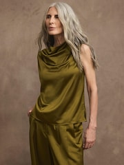 Mint Velvet Green Satin Cowl Neck Top - Image 1 of 8