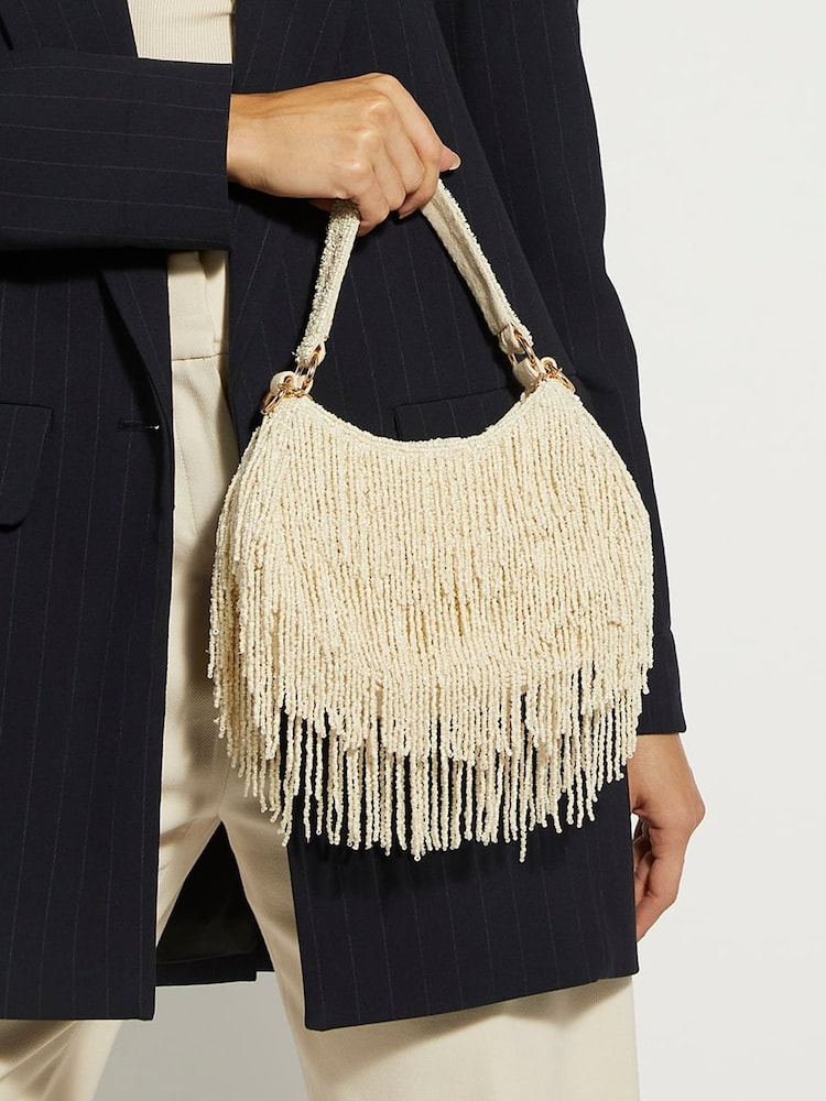 Dune London Cream Broadway Beaded Fringed Bag - Image 1 of 8