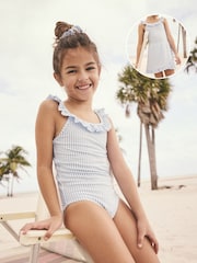 Blue/White Stripe Swimsuit, Swim Skirt & Scrunchie 3 Piece Set (3-16yrs) - Image 1 of 12