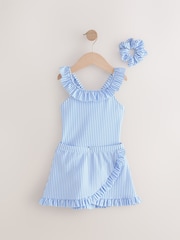 Blue/White Stripe Swimsuit, Swim Skirt & Scrunchie 3 Piece Set (3-16yrs) - Image 7 of 12