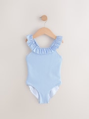 Blue/White Stripe Swimsuit, Swim Skirt & Scrunchie 3 Piece Set (3-16yrs) - Image 8 of 12