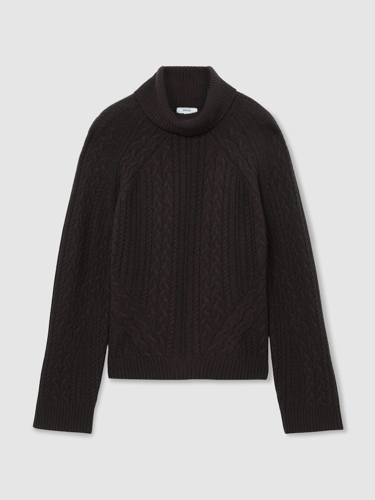 Schokoladenbraun - Reiss Brielle Wool-Cashmere Cable-Knit Roll-Neck Jumper - Bild 2 von 7