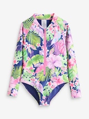Navy Blue Tropical Long Sleeved Swimsuit (3-16yrs) - Image 4 of 7