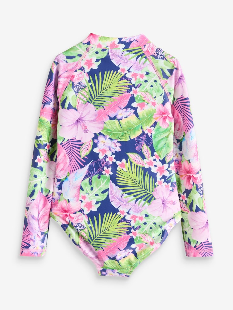 Navy Blue Tropical Long Sleeved Swimsuit (3-16yrs) - Image 5 of 7