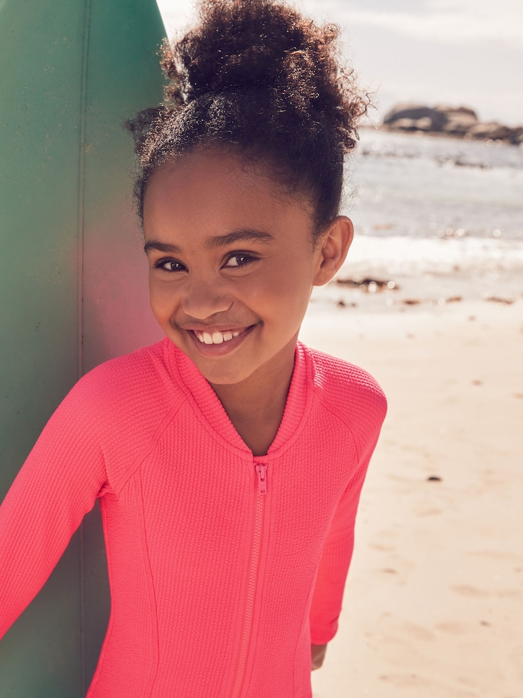 Bright Pink Long Sleeve Textured Swimsuit (3-16yrs) - Image 4 of 8