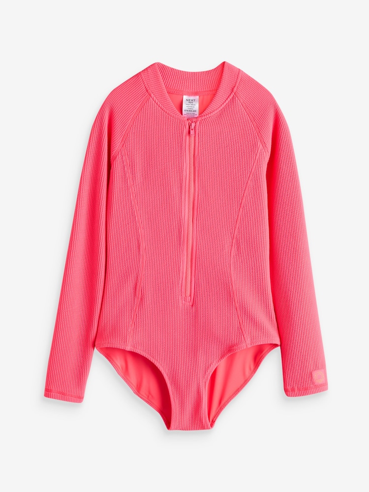 Bright Pink Long Sleeve Textured Swimsuit (3-16yrs) - Image 5 of 8