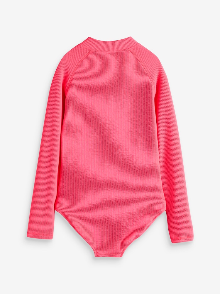 Bright Pink Long Sleeve Textured Swimsuit (3-16yrs) - Image 6 of 8