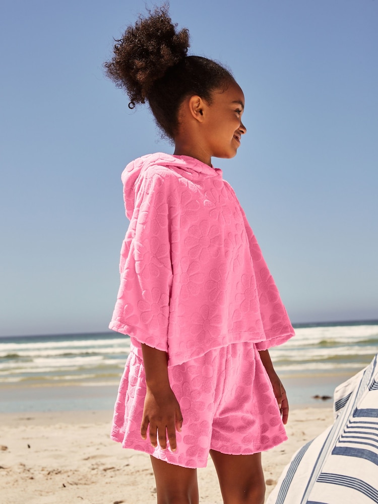 Pink Flower Towelling Beach Co-Ord Hoodie And Shorts Set (3-16yrs) - Image 4 of 9