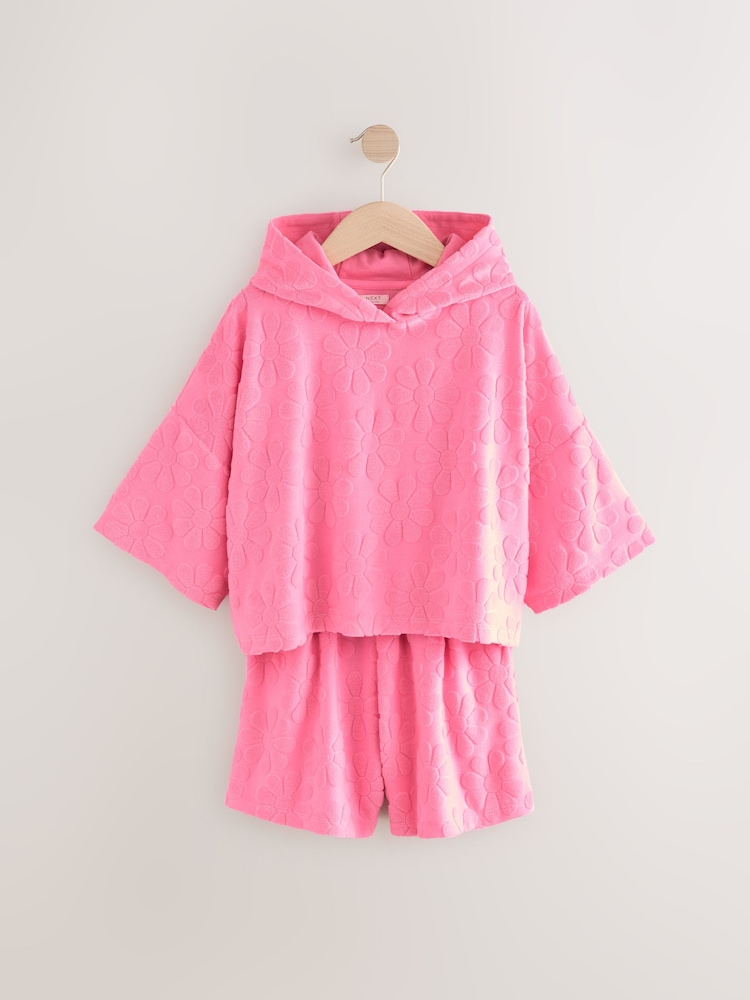 Pink Flower Towelling Beach Co-Ord Hoodie And Shorts Set (3-16yrs) - Image 5 of 9