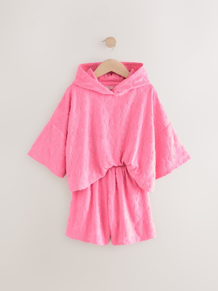 Pink Flower Towelling Beach Co-Ord Hoodie And Shorts Set (3-16yrs) - Image 6 of 9