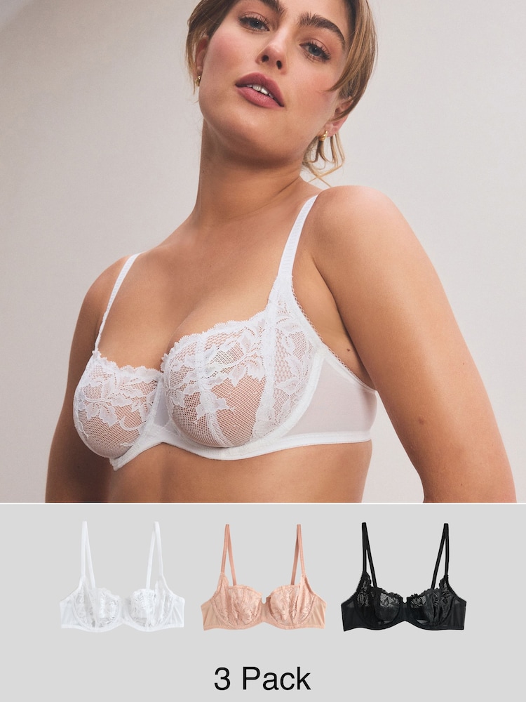 Black/White/Nude Non Pad Lace Balcony Bras 3 Pack - Image 1 of 13