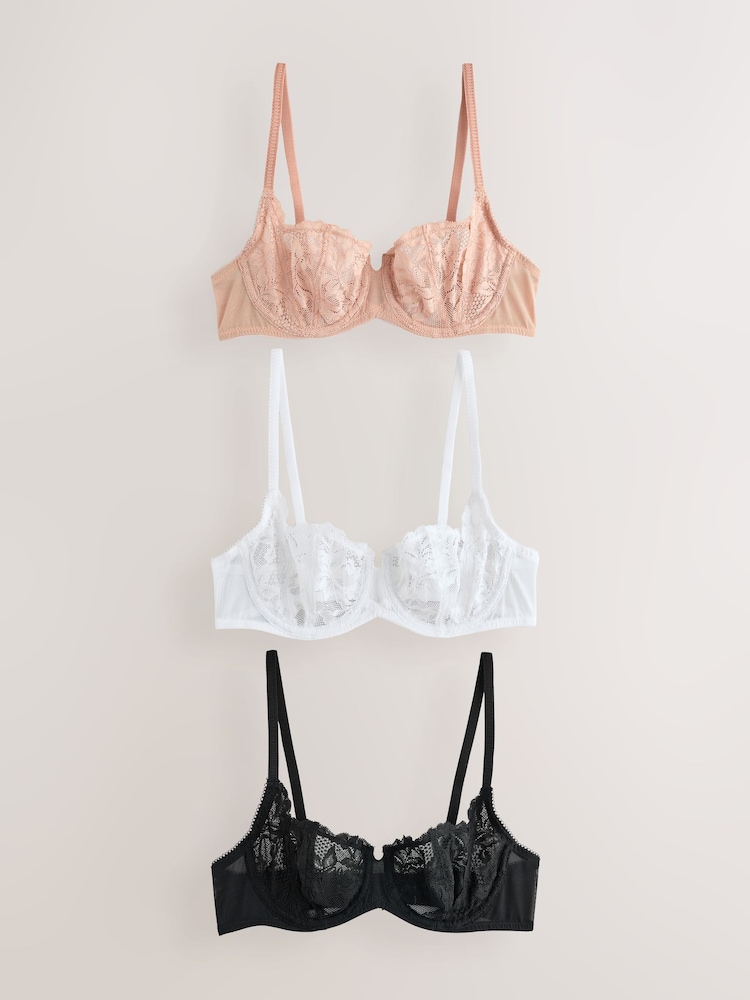 Black/White/Nude Non Pad Lace Balcony Bras 3 Pack - Image 8 of 13