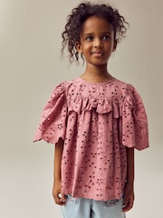 Pink 100% Cotton Broderie Frill Blouse (3-16yrs) - Image 1 of 8