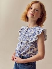 Blue Floral 100% Cotton Tie Front Blouse (3-16yrs) - Image 1 of 8