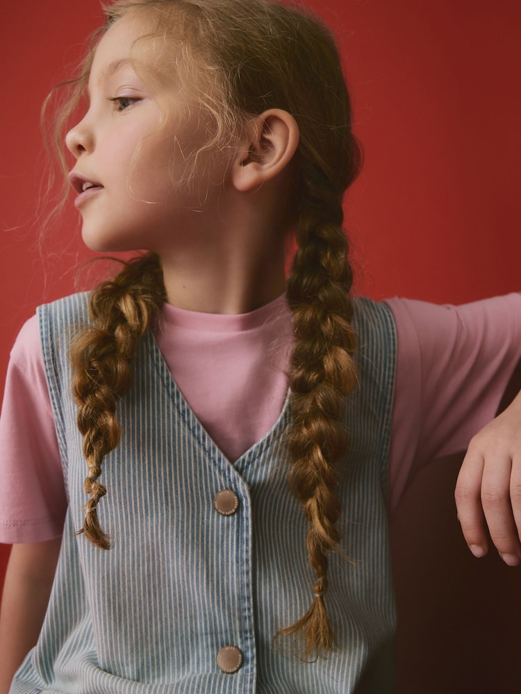 Blue/Pink Denim Pinafore 100% Cotton Dress and T-Shirt Set (3-16yrs) - Image 2 of 9