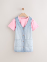 Blue/Pink Denim Pinafore 100% Cotton Dress and T-Shirt Set (3-16yrs) - Image 4 of 9