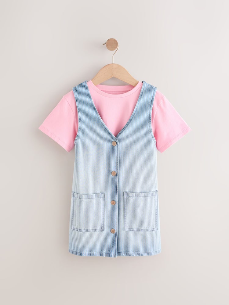 Blue/Pink Denim Pinafore 100% Cotton Dress and T-Shirt Set (3-16yrs) - Image 4 of 9