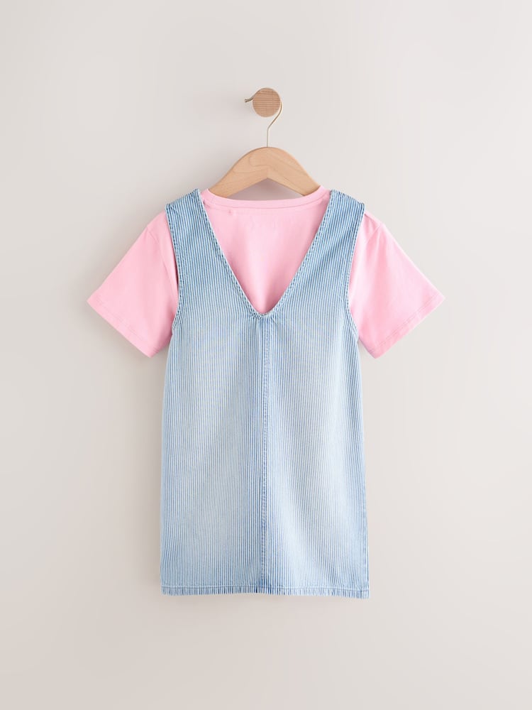 Blue/Pink Denim Pinafore 100% Cotton Dress and T-Shirt Set (3-16yrs) - Image 5 of 9