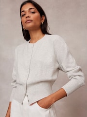 Mint Velvet Grey Popper Cotton Blend Crew Neck Cardigan - Image 1 of 4