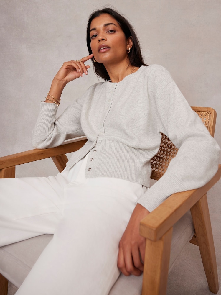 Mint Velvet Grey Popper Cotton Blend Crew Neck Cardigan - Image 2 of 4