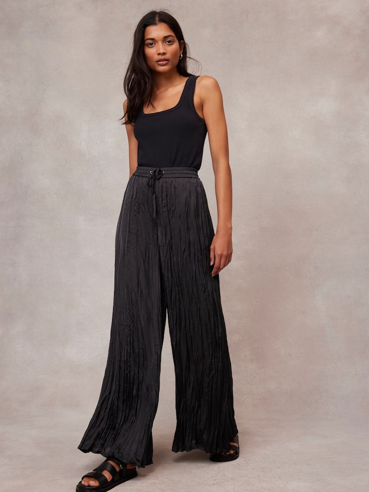 Mint Velvet Black Crinkle Wide Leg Trousers - Image 1 of 4 Mint Velvet Black Crinkle Wide Leg Trousers - Image 1 of 4
