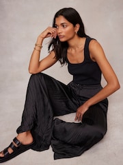 Mint Velvet Black Crinkle Wide Leg Trousers - Image 2 of 4