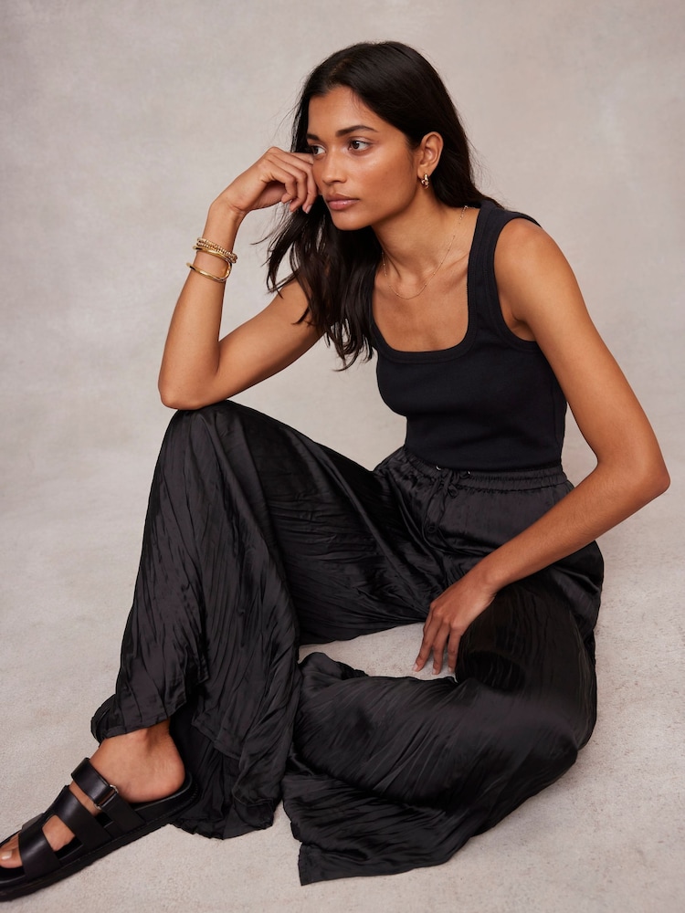 Mint Velvet Black Crinkle Wide Leg Trousers - Image 2 of 4 Mint Velvet Black Crinkle Wide Leg Trousers - Image 2 of 4