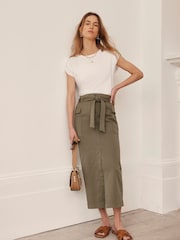 Mint Velvet Khaki Cotton Midi Skirt - Image 2 of 4