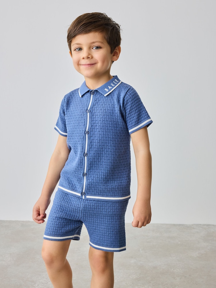 Baker by Ted Baker Blue Knitted Textured Shirt and Shorts Set - Image 1 of 5 Baker by Ted Baker Blue Knitted Textured Shirt and Shorts Set - Image 1 of 5