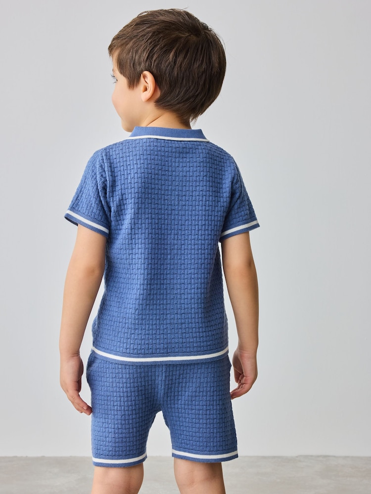 Baker by Ted Baker Blue Knitted Textured Shirt and Shorts Set - Image 3 of 5
