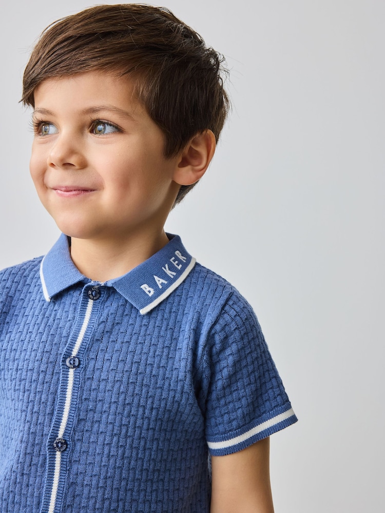Baker by Ted Baker Blue Knitted Textured Shirt and Shorts Set - Image 4 of 5