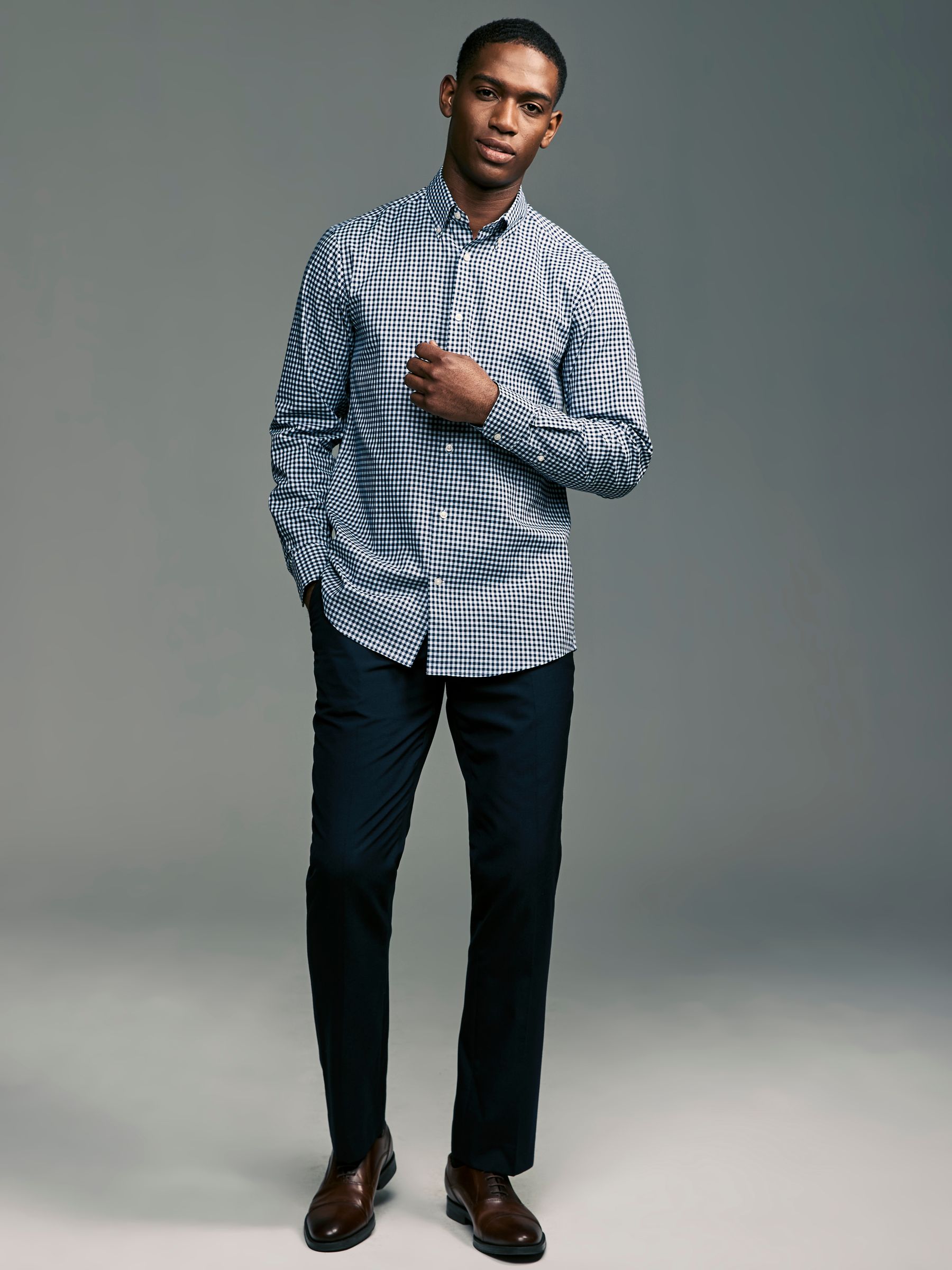 Next Rust Gingham Stretch Mens Oxford Shirt main image 1